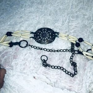 Vintage Elegant Brown and Cream Chain Belt with medallion in middle, 46” long